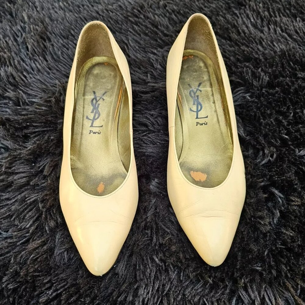 YSL Paris Women Heel Sandal Beige Leather Upper Shoes Saint Laurent Size 36.5 - Picture 1 of 11